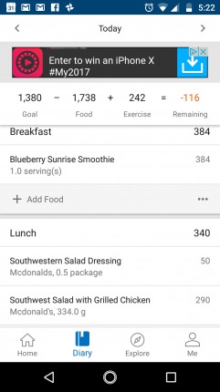 A wee bit over my calorie goal for today, but I did a good job keeping myself making healthier choic