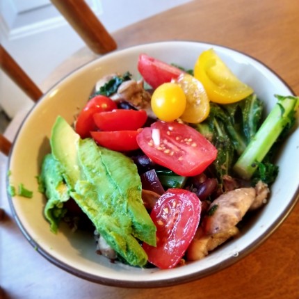 Dinner tonight - quinoa protein power bowls with mushrooms, black beans, kale, eggs, and garlic/red