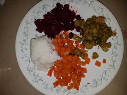 Healthy satisfying dinner... 3 vegetables and Jasmine rice.