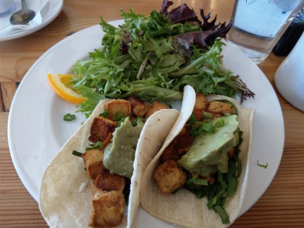 I had this amazing brunch in Minneapolis! Tofu breakfast tacos with guac and a side salad. #StayingS