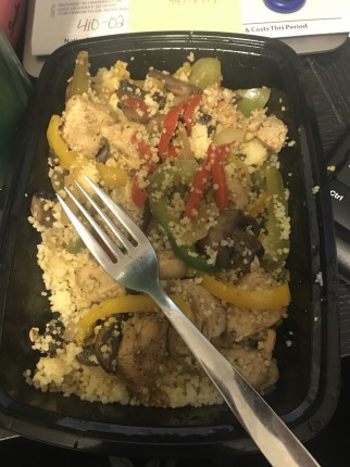 Chicken Fajita skillet. Couscous, chicken, mushrooms, onions, bell peppers. It’s delicious and only