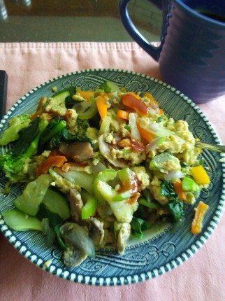 My fav! I shoot for 1/4 cup each celery zucchini onion pepper mushroom broccoli 1 whole egg and some