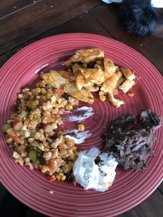 Lunch today! Chicken breast cooked with low sodium taco seasoning. Riced cauliflower with corn, Blac