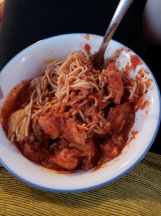 Chickpea pasta with chicken breast.