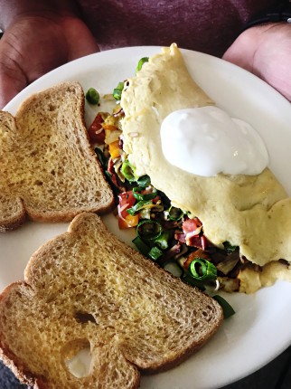 Breakfast: Omelette (1 egg, 6 tbsp. Egg whites, 2 slice turkey bacon, 1 slice tomato, 1 green onion