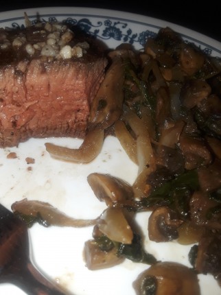 Perfectly cook filet with sauteed spinach, onions, mushrooms, garlic, and a few dashes of balsamic v