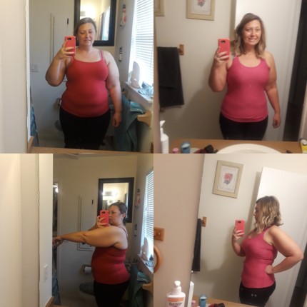 Left is beginning of my journey July 1, 2018 right is my progress weigh in Aug. 22, 2018. Down 30lbs
