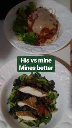 Two versions of chicken parmesan. Not really sure if mines even considered chicken parm. No bread cr