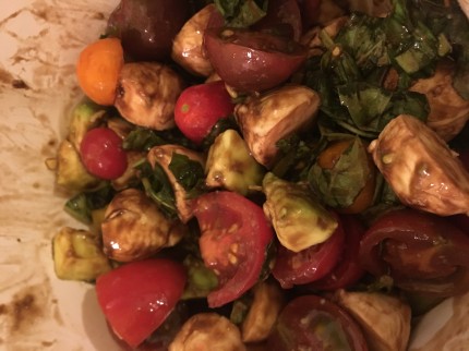 Heirloom tomato salad with mozerella, basil, avocado, and balsamic glaze