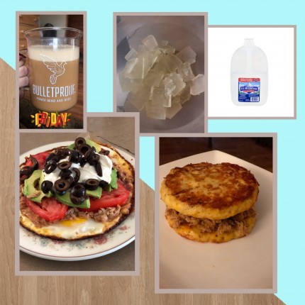Yesterday’s menu. Lunch: breakfast taco pizza thing and a bulletproof coffee. Snack: homemade lemon