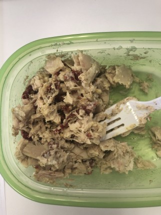For lunch today- Tuna, olive oil mayo, Dijon mustard, and sun dried tomatoes. I think this is around