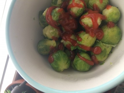 Snack: steamed B-sprouts with hot sauce Also had broccoli, apples, cherries, kale and celery...