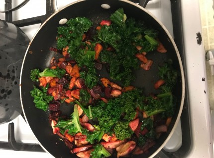 I made this last night. It's roasted root veggies with kale and you serve it over spiced lentils. It