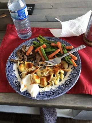 Already ate a little of my steak but asparagus, snap peas, carrots, baby potatoes and a small bit of