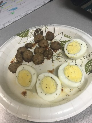 This weeks breakfast.. two boiled eggs and 1 chicken sausage. Plain but yummy :yum: