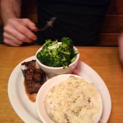 I love to go out to eat. At Outback Steakhouse. I just split everything in half plus ordered a salad