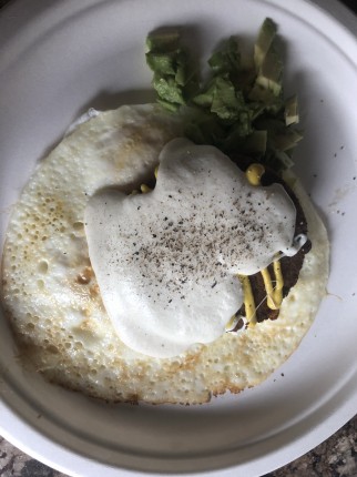My usual breakfast!!! 3 eggs over medium, 1 dr praegers black bean and quinoa veggie burger, 1/2 of