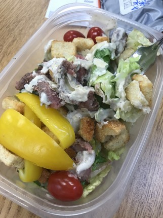 The students are at recess so I’m enjoying my lunch! Steak salad with tomatos and sweer peppers.