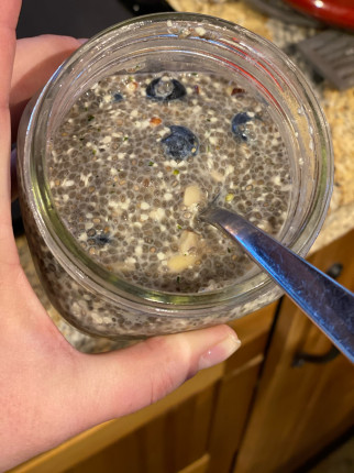 Low carb chia “cereal” with a splash of blueberries - very satisfying!! Nice change from eggs and ba