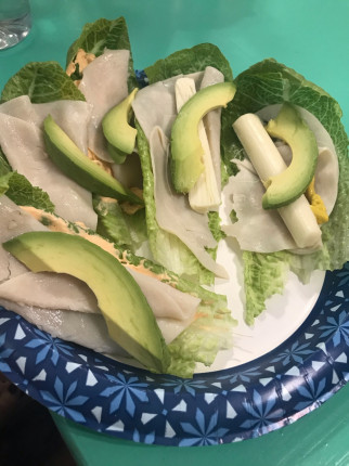 Lunch is served. Turkey lettuce wraps. With 1/4 avocado   ????