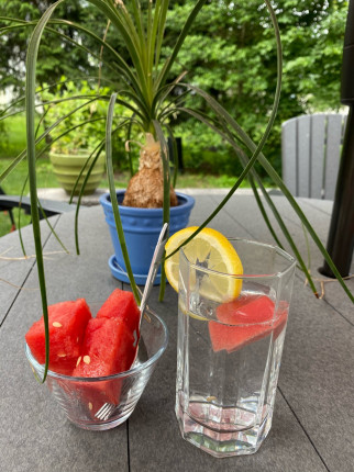 Enjoying the cool weather and a light breakfast in the backyard.