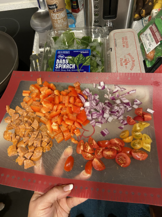 Here is an idea I made a scramble for breakfast with one diced up chicken sausage as well, red peppe