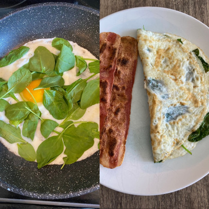 My breakfast today. Egg and egg white spinach omelette with Turkey bacon! So delicious and filling!