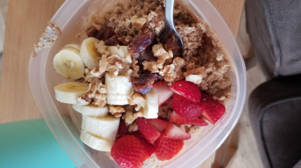 Oatmeal is my go to. I add fresh fruit, chopped up walnuts and dates, cinnamon and sometimes a littl