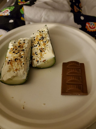 Bedtime snack :) cucumber with cream cheese and everything but the bagel seasoning, plus a side of n