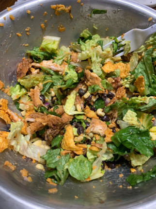 Sorry, not the prettiest, but delicious taco salad tonight!Romain lettuce, blackened chicken tenders