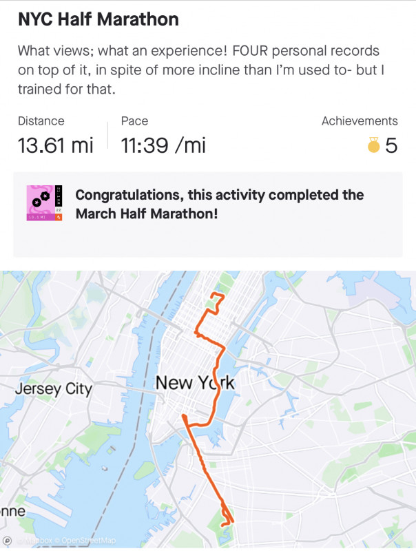 Major non-scale victory: 4 Personal Records set in today’s half marathon - the NYC Half Marathon. Th