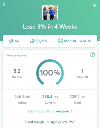 Always a great feeling to see the 100% before the final weigh in! Now just need to maintain for a d