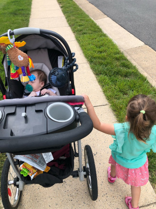 Walks look a little different these days and at a much slower pace. But the toddler giving up and ha