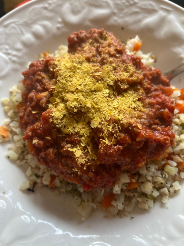 4 lb loss since starting - dinner tonight was cauliflower rice with mirepoix, ground beef, marinara