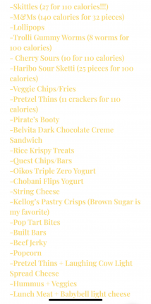 low calorie snacks are a god send for me! pretzels, goldfish, cereal, etc. just check the nutrition