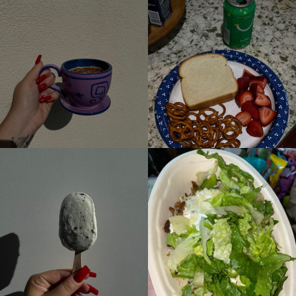 my meals of the day: coffee with almond milk creamer, a pb&j with pretzels & strawberries, a