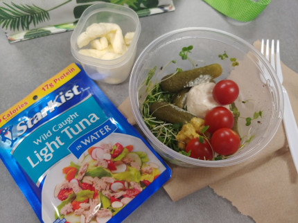Lunch time! Tuna, micro greens, tomato, pickles, mayo + mustard with a side of cheese = 370 calories