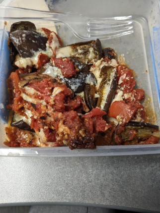Maybe not the prettiest but delicious lunch of fire roasted tomatoes, baby eggplant, roasted with pa