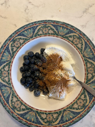 I have two ideas for the group one is my breakfast which is high protein Greek yogurt, blueberries,