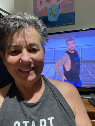 Sweaty self after BODi Joel Legs! Wowzer getting down the stairs was challenging. ????