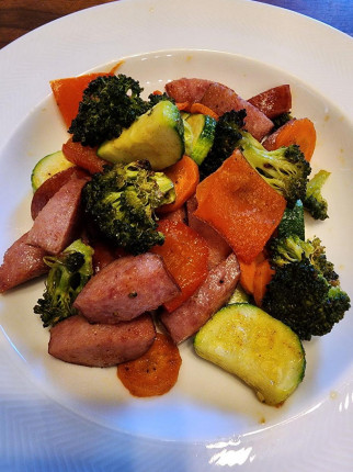 My healthy dinner tonight. Keilbasa sausage and roasted veggies including broccoli, carrots, red bel