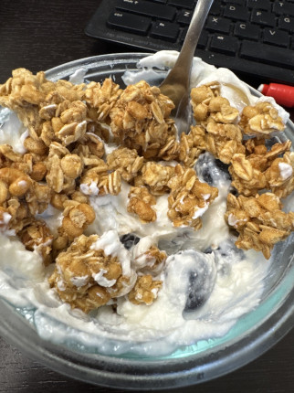 Plain greek yogurt, blueberries, lemon honey and protein granola make for a sweet, protein packed br