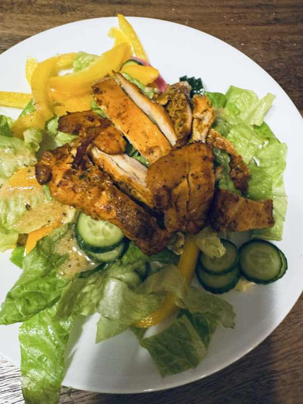 I keep this Trader Joe’s marinated chicken shawarma in the freezer for those lazy nights. Air fried/