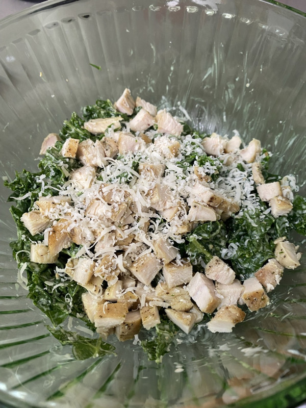 Lunch is week is kale ceaser! A huge handful of kale, cooked chicken (grilled 3 breasts for the week