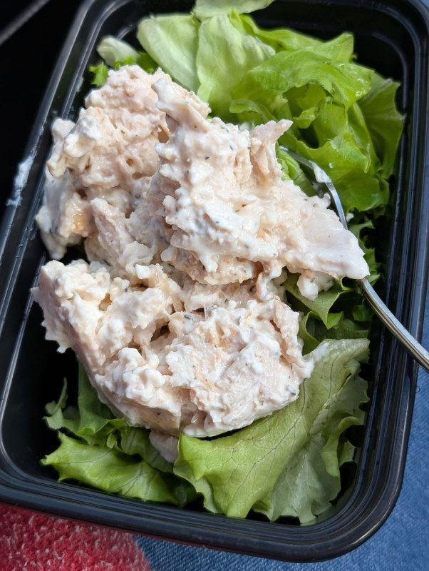 My easy go to lunch Greek yogurtWedge of laughing cow cheeseRotisserie chicken shredsServing on lett