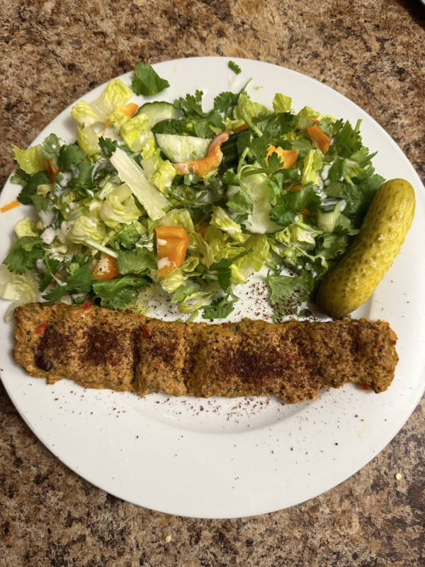 Dinner , Turkish chicken kabab with salad The whole meal is 200 cal , I used extra lean ground chick