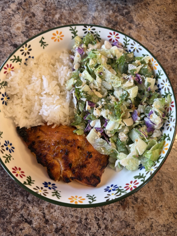 Dinner: was baked salmon , jasmine rice and salad