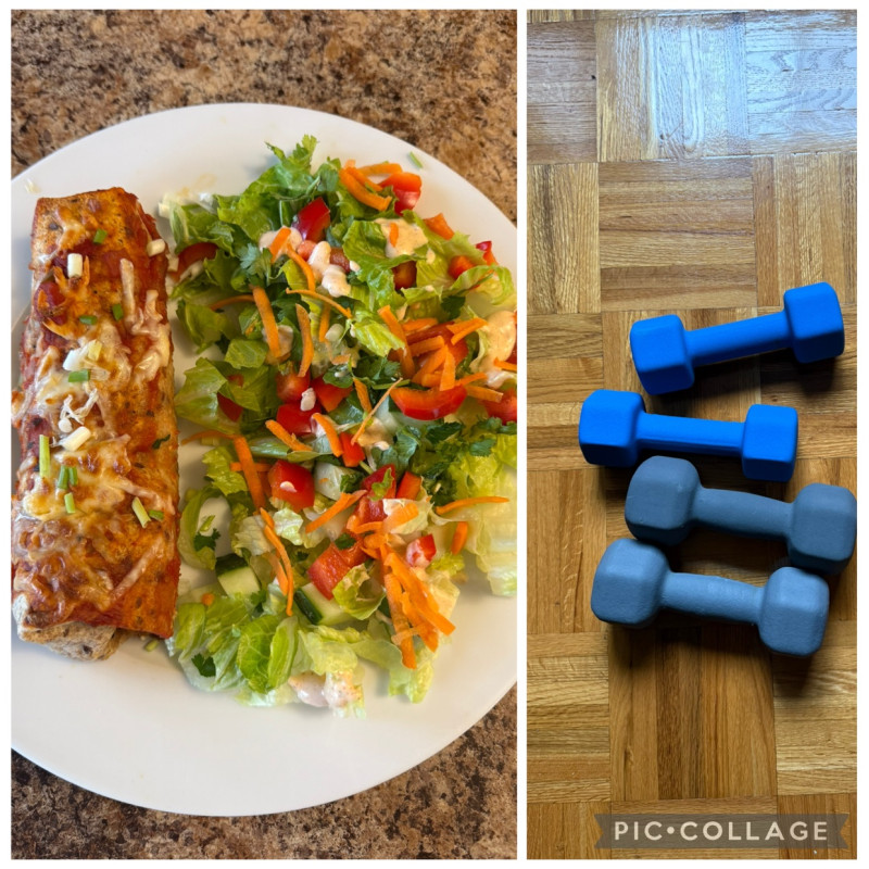 Enchilada and salad for lunch Dumbbell workout after