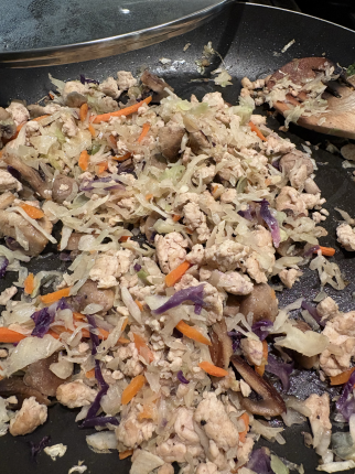 ground chicken, mushroom and cabbage mix with sesame oil - super fast and easy - can be served over