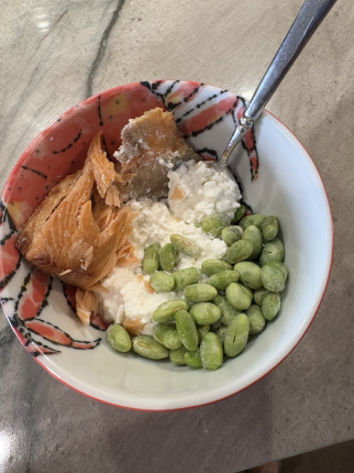 My typical lunch is cottage cheese, left over meat from previous dinner (salmon last night) and what